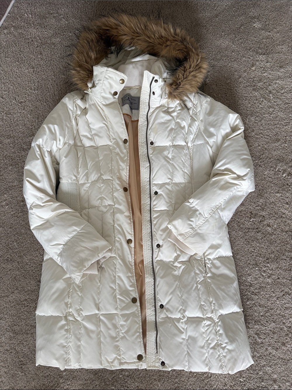 Women's Ivory Quilted Puffer Coat with Faux Fur Hood